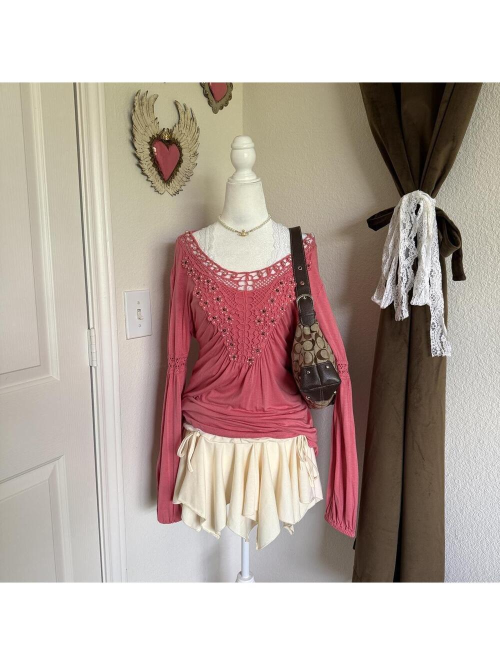 Linea Domani Pink Princess Inspired Blouse with Tie-Back Detail Beaded Pearls